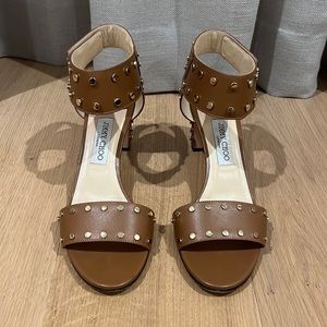 Jimmy Choo Brown Leather Gold Stud Block Heel Sandals Size 40